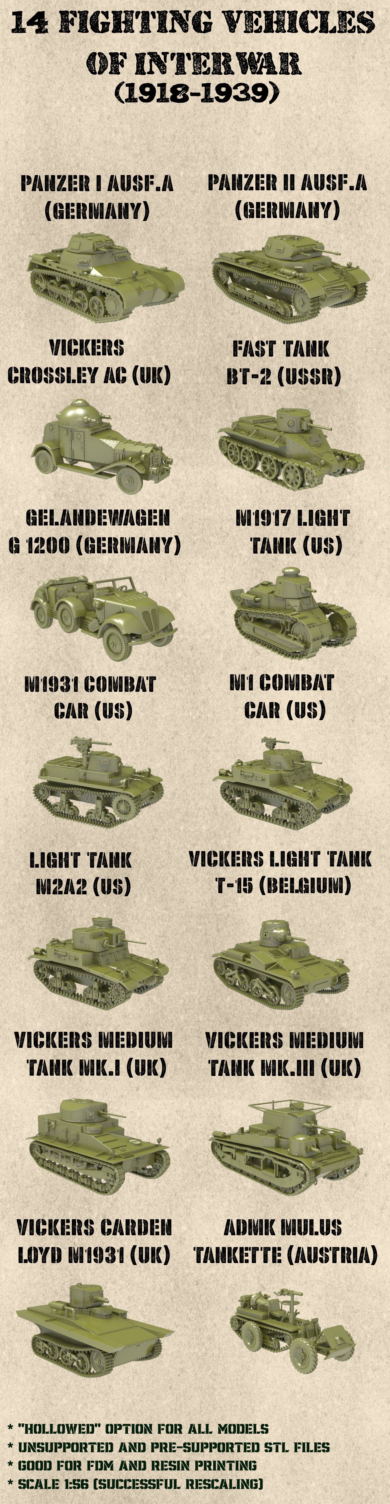 STL PACK - 14 Fighting vehicles of INTERWAR (1918-1939) - PERSONAL USE
